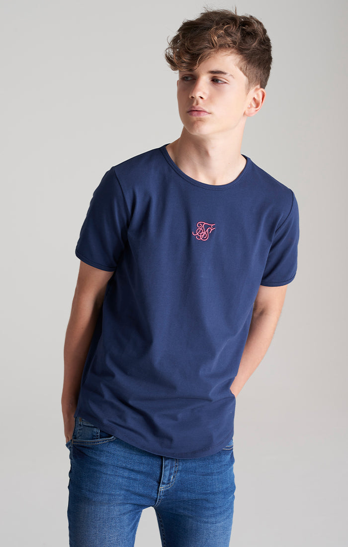 Load image into Gallery viewer, Boys Navy Back Print Scoop Hem T-Shirt (1)