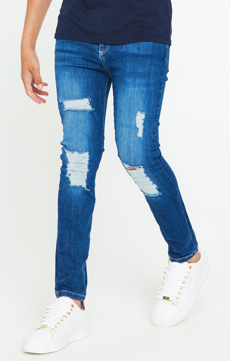 Boys Messi x SikSilk Mid Wash Distressed Skinny Denim Jean