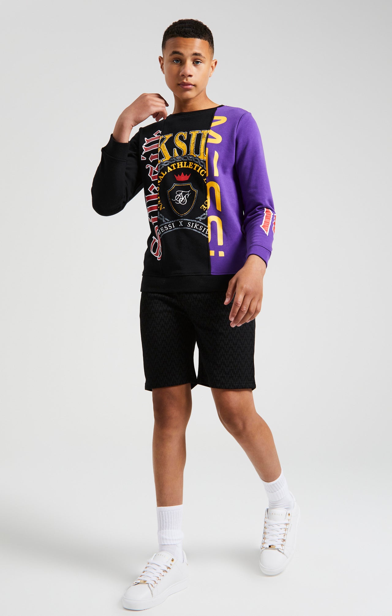 Messi x SikSilk Retro Varsity Crew Sweater - Black & Purple (4)