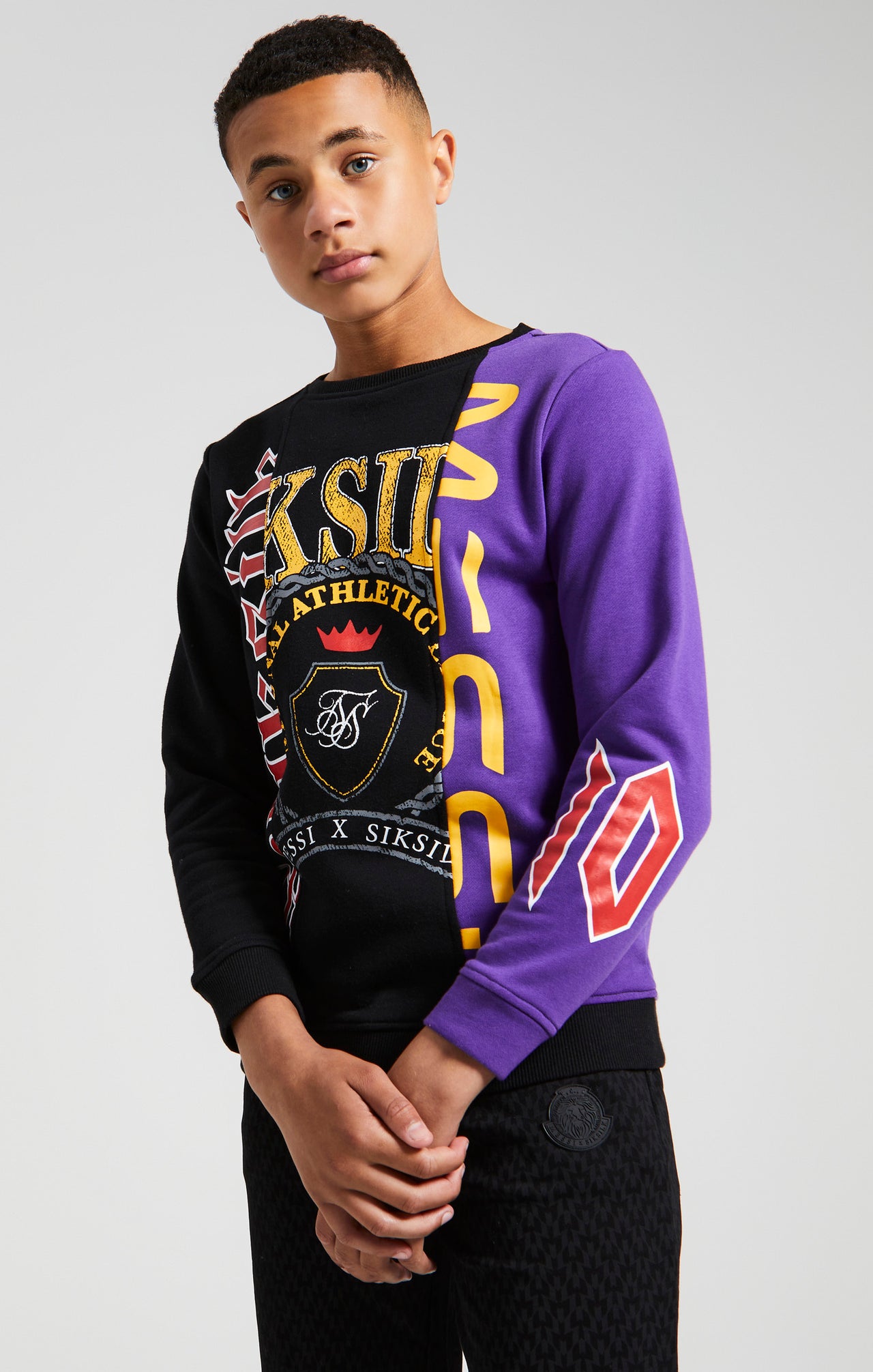 Messi x SikSilk Retro Varsity Crew Sweater - Black & Purple (1)