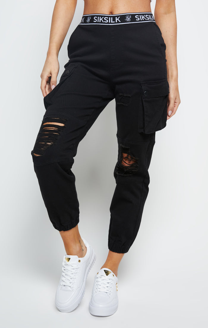 SikSilk Distressed Cargo Jogger - Black