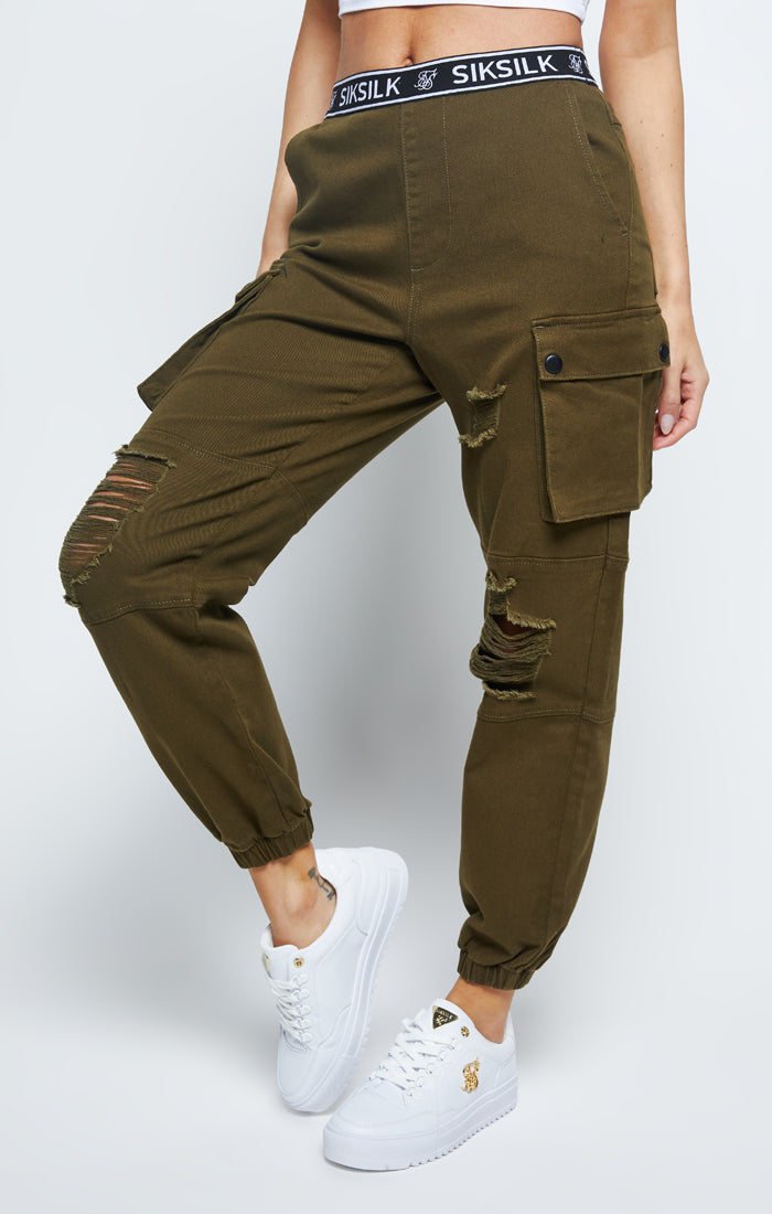 SikSilk Distressed Cargo Jogger - Khaki