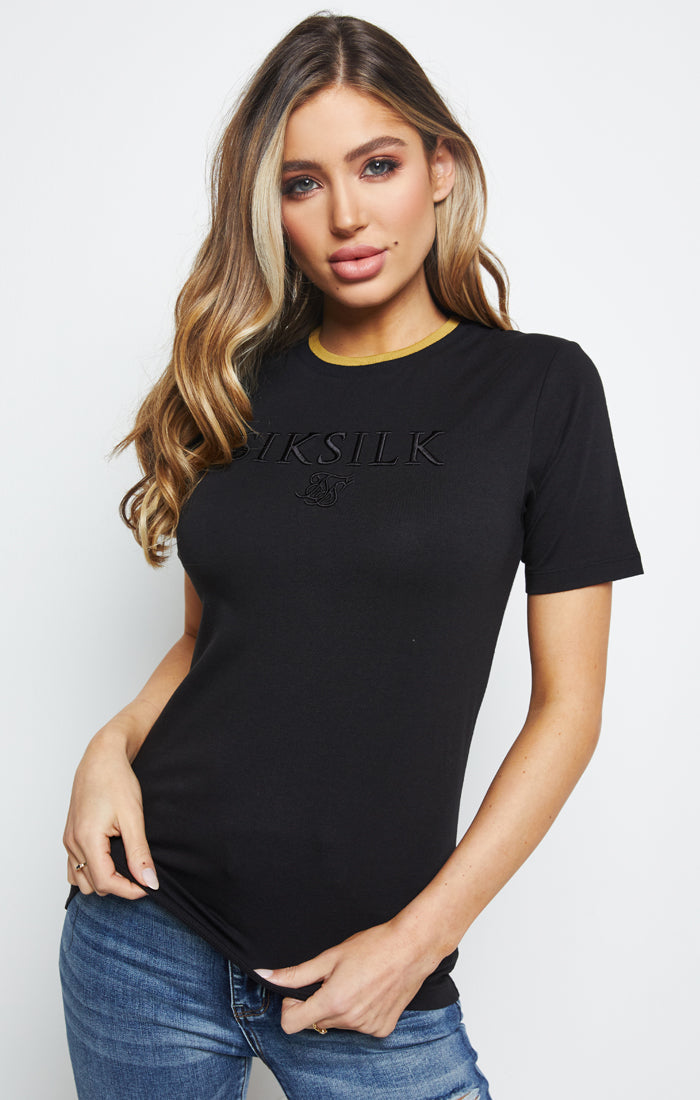 SikSilk Rib Knit Collar Ringer Tee - Black