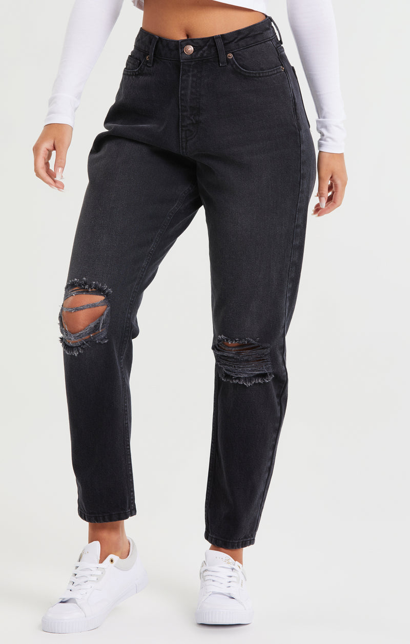 Washed Black Knee Rip Denim Mom Jean (1)