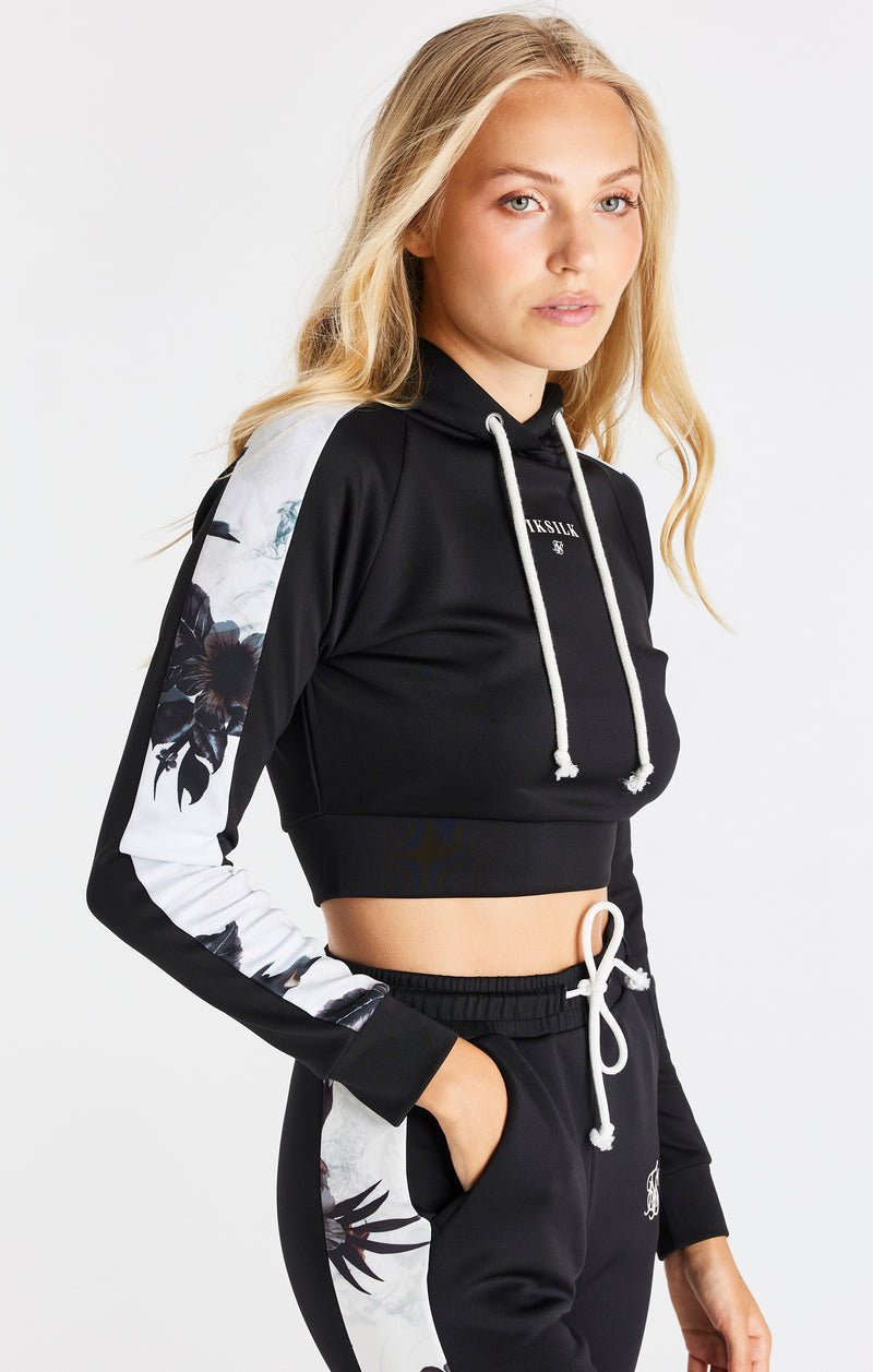 Black Floral Panel Sleeve Crop Hoodie