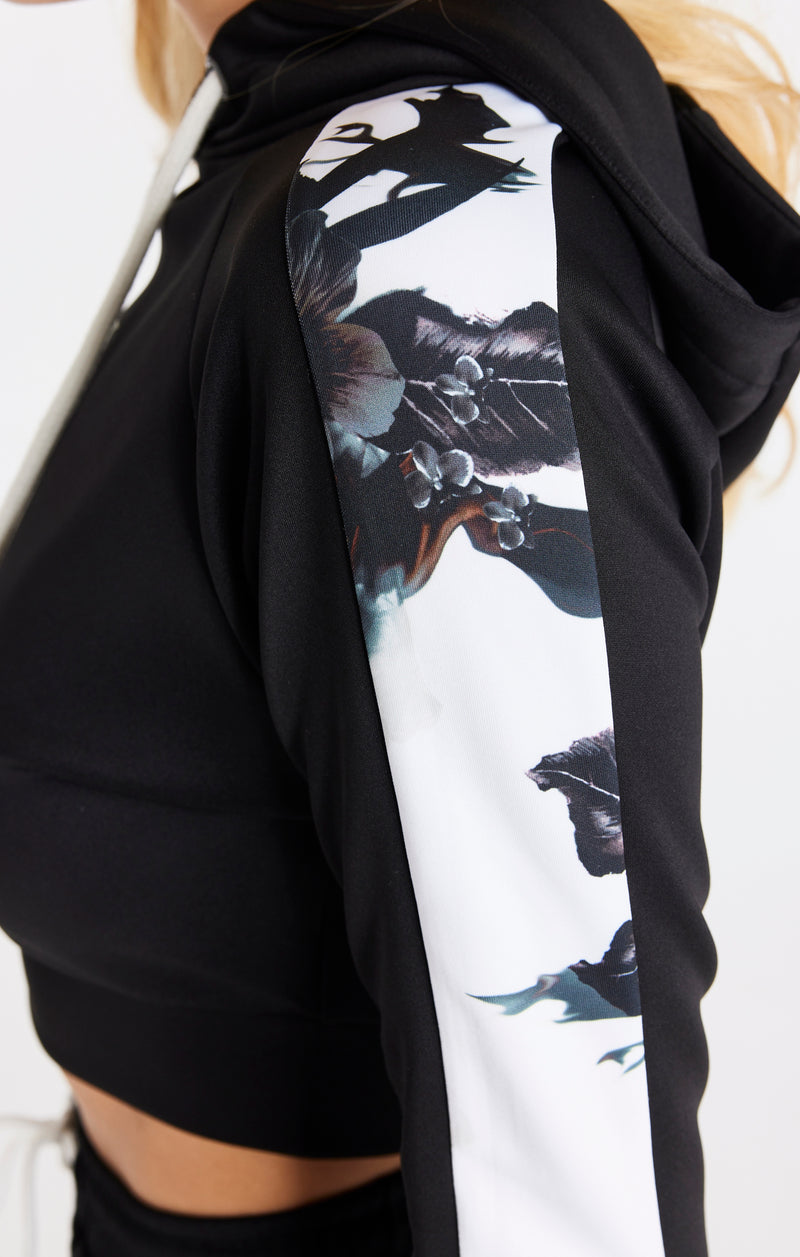 Black Floral Panel Sleeve Crop Hoodie (1)