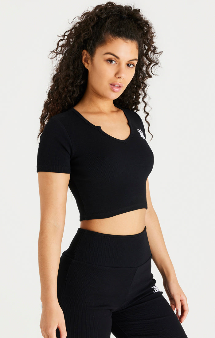 Load image into Gallery viewer, Black Scoop Neck Ribbed Crop T-Shirt (1)