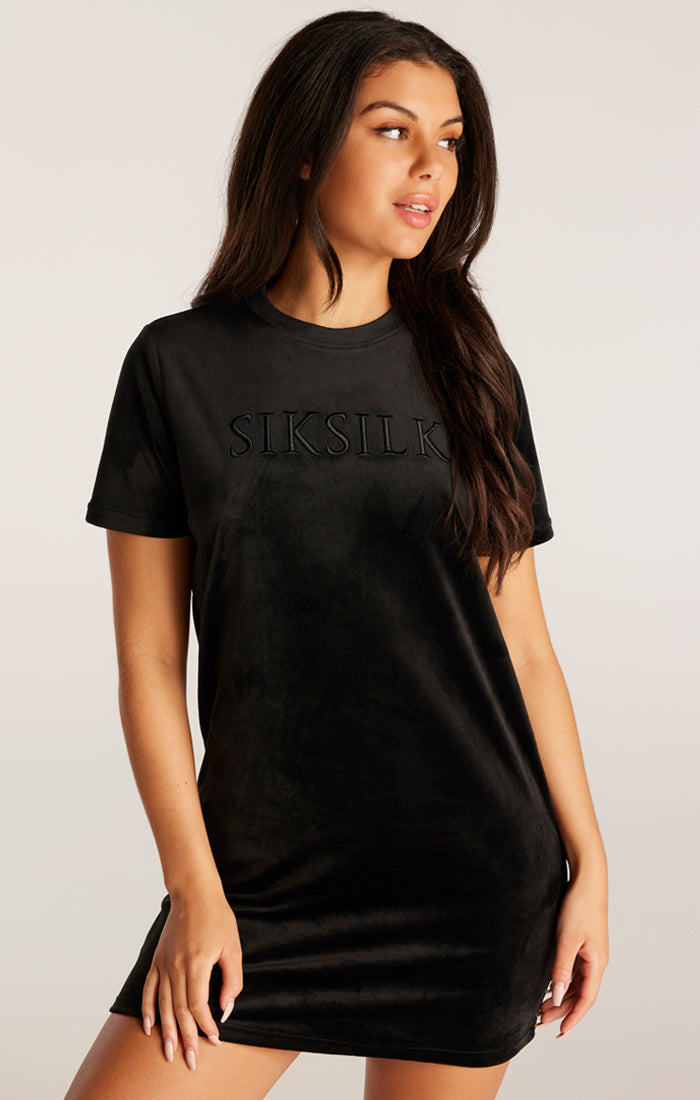 SikSilk Velour Embroidered T-Shirt Dress - Black (1)