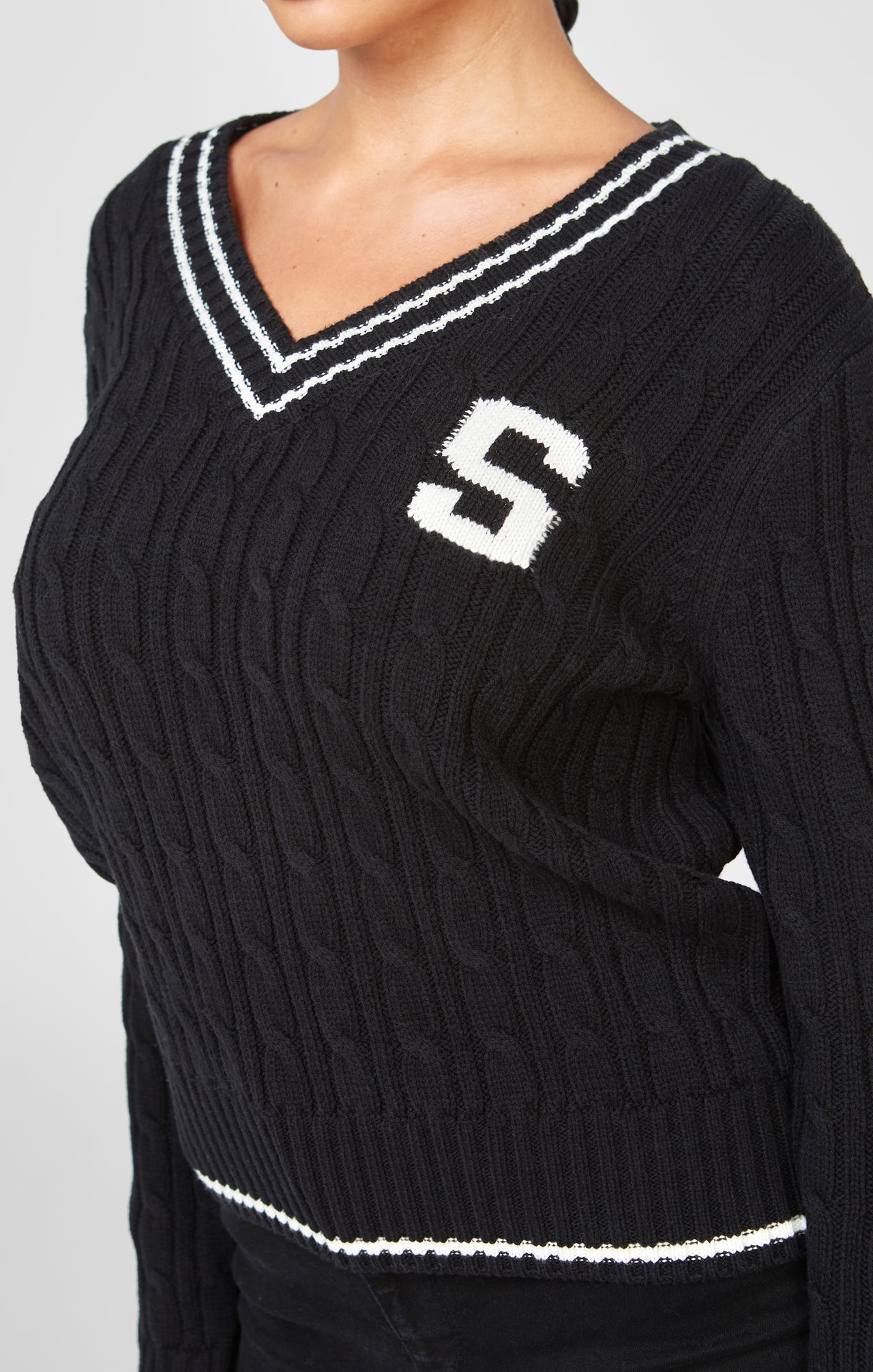 Black Varsity Cable Knit Sweater (1)