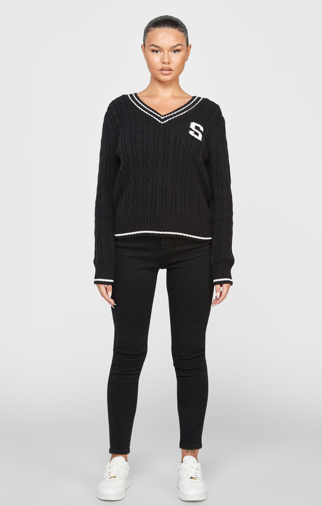 Black Varsity Cable Knit Sweater (2)