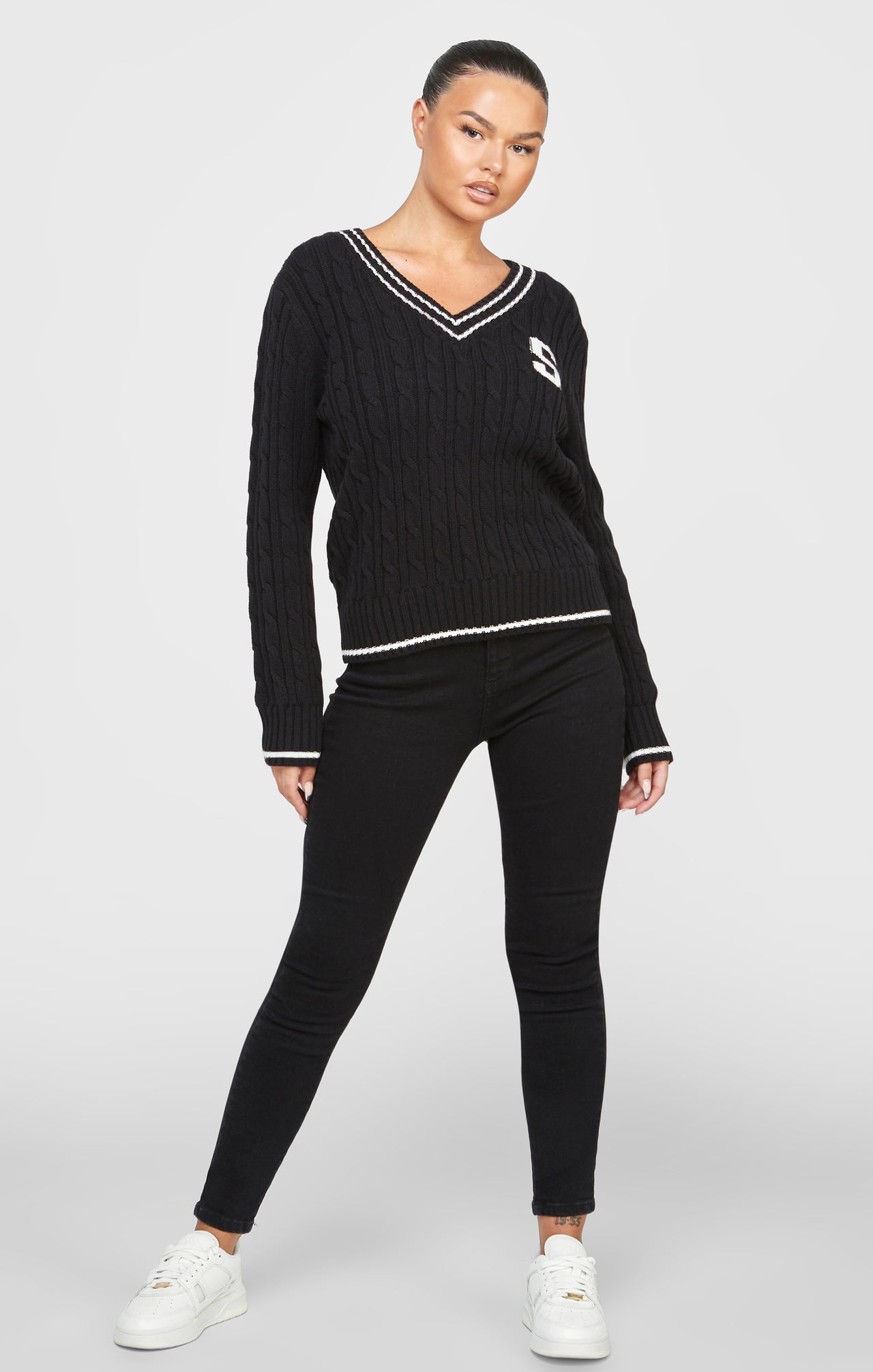 Black Varsity Cable Knit Sweater (3)