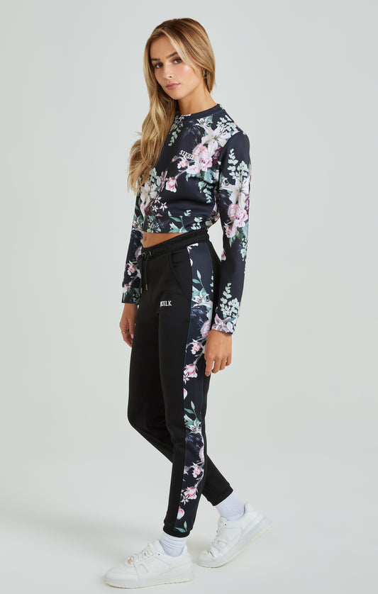 Black Floral Print Cropped Sweatshirt