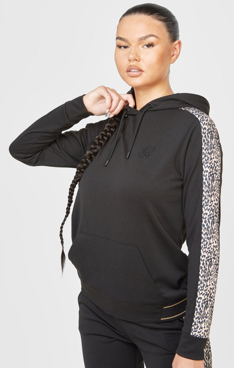 Black Leopard Print Panelled Hoodie