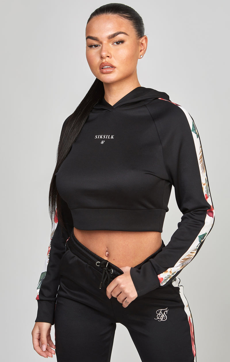Black Floral Panelled Crop Hoodie