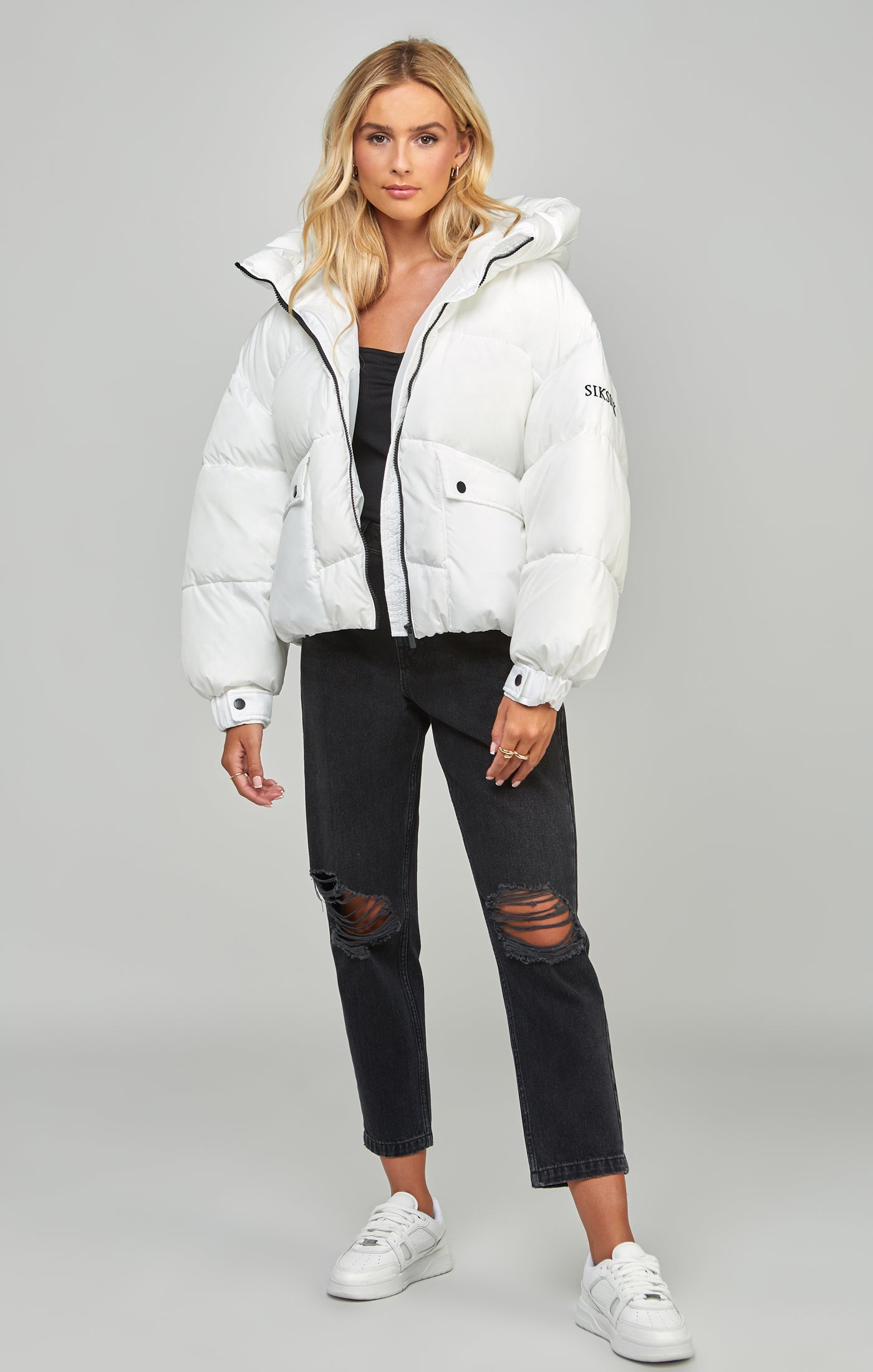 Siksilk fur hood hot sale padded jacket womens