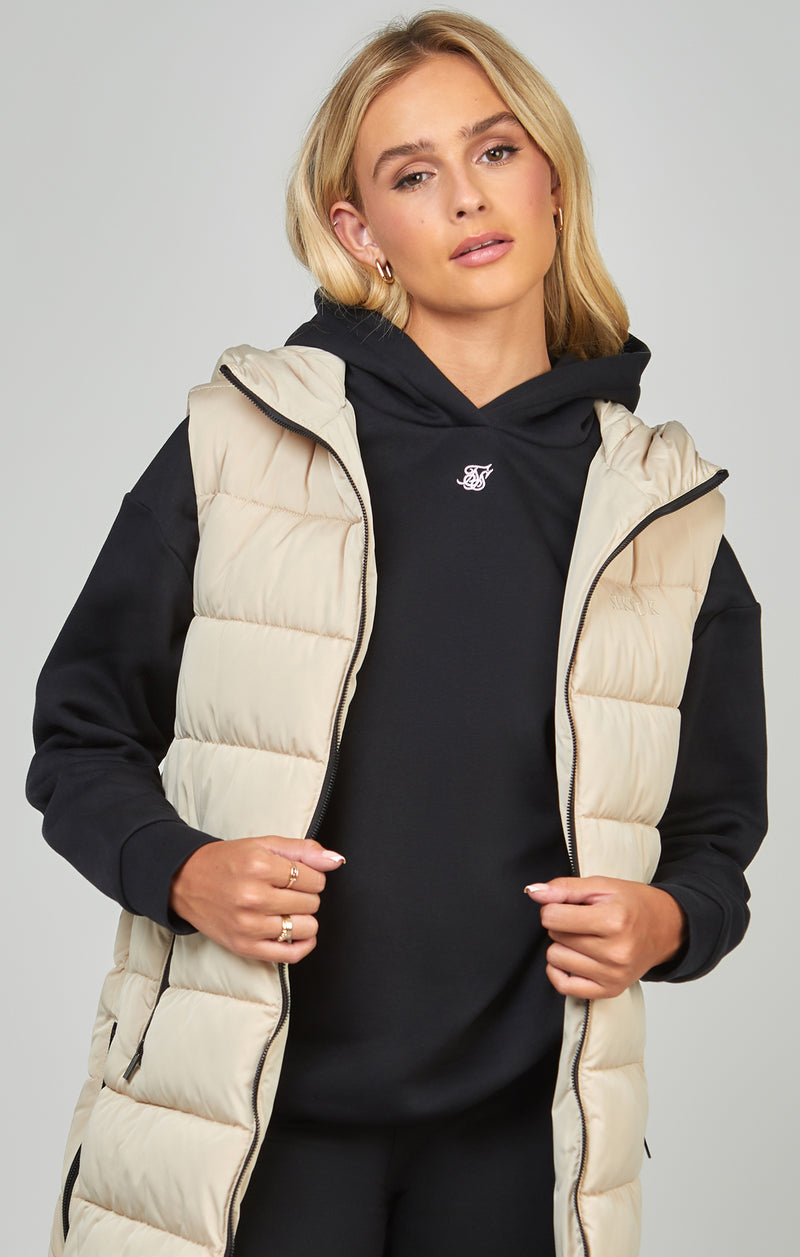 Beige Longline Gilet With Print Detail