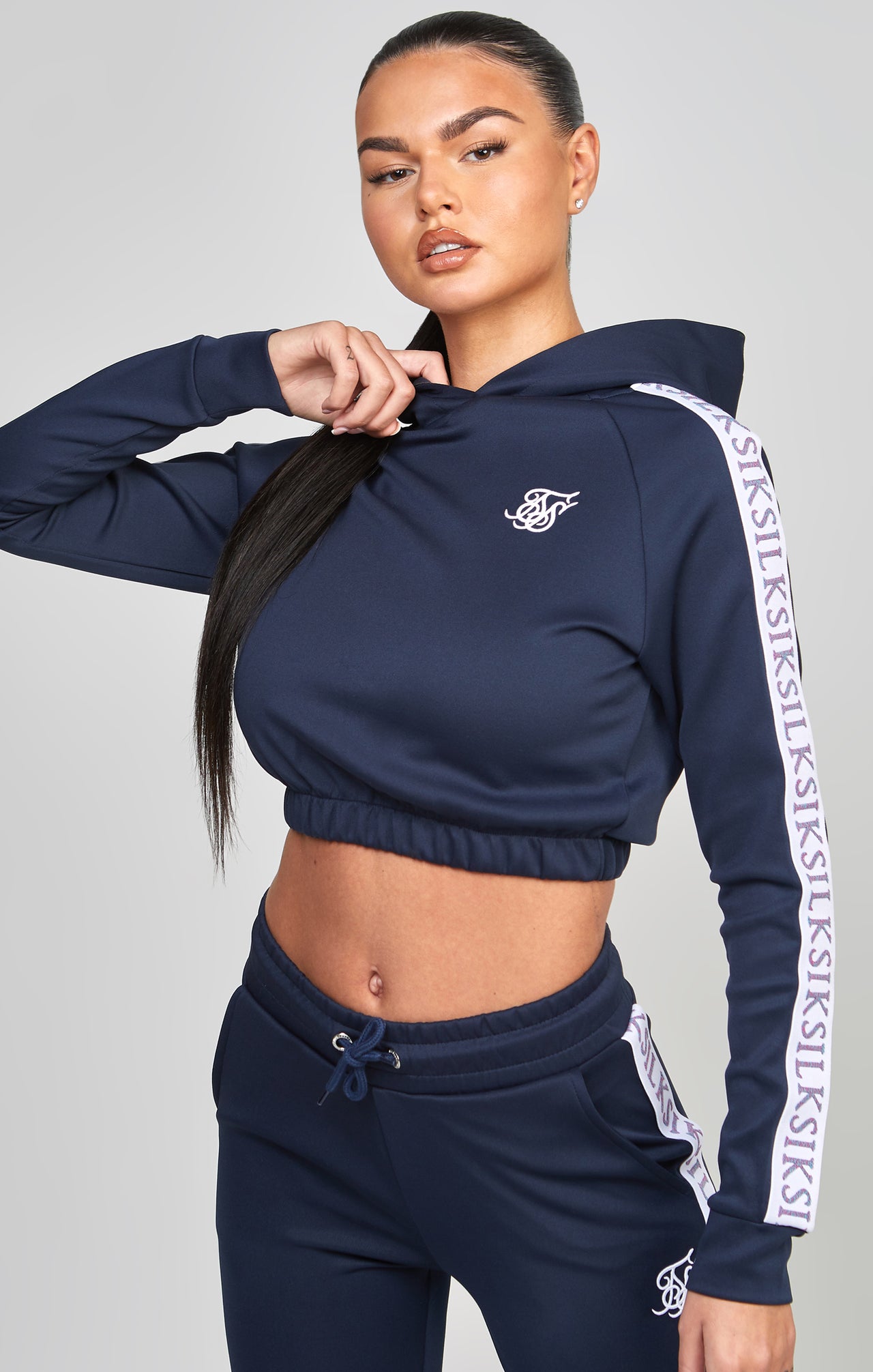 Navy Medley Tape Crop Hoodie