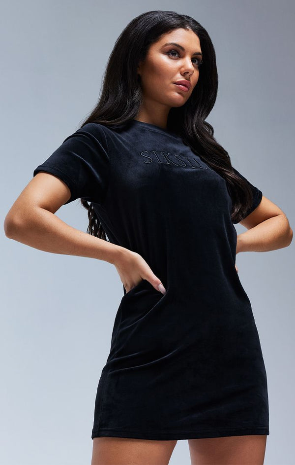 SikSilk Velour Embroidered T-Shirt Dress - Black